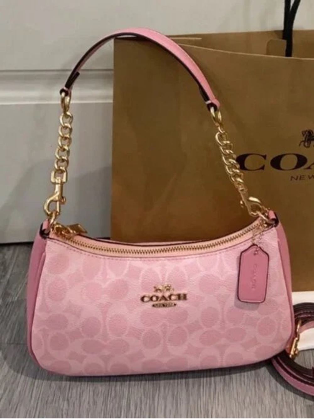 Coach Pink Signature Jacquard Small Shoulder Bag with Gold Hardware